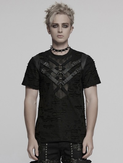 Punk Rave Black Gothic Punk Tattered Mesh Patchwork Short Sleeve T-Shirt for Men