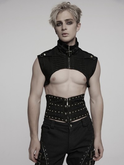 Punk Rave Black Gothic Punk Denim Stand Collar Short Vest for Men