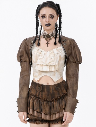 Dark in love Brown Steampunk Vintage Metal Detail Shoulder Cape for Women