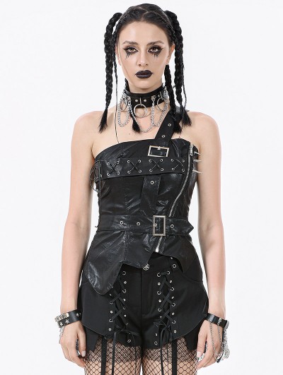Dark in love Black Gothic Punk Asymmetric Buckled Faux Leather Corset Top for Women