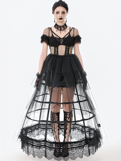 Dark in love Black Sexy Gothic Transparent Layered Trim Mesh Long Dress