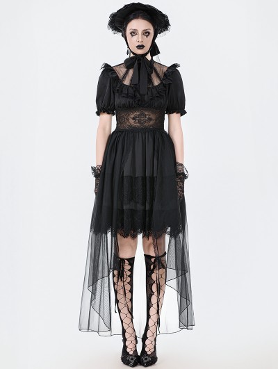 Dark in love Black Dark Gothic Short Puff Sleeve Mesh Layered High-Low Dress