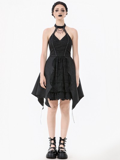 Dark in love Black Gothic Rhinestone Tassel Halter Sleeveless Short Dress