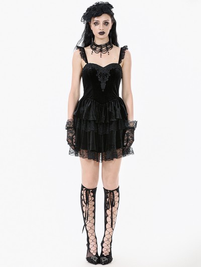 Dark in love Black Gothic Velvet Lace Applique Layered Short Dress