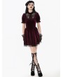 Dark in love Dark Red Gothic Velvet Lace Frilly Short Puff Sleeve Dress