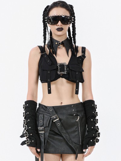 Dark in love Black Gothic Rebel Punk Halter Utility Crop Top for Women