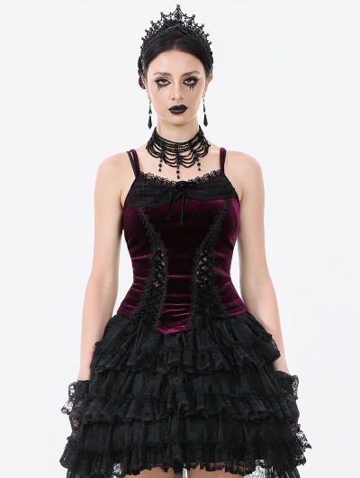 Dark in love Burgundy Gothic Velvet Ruched Lace-Up Corset Top for Women
