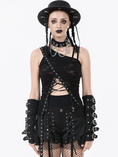 Dark in love Black Gothic Punk Asymmetrical Ripped Punk Cut-Out Top for Women