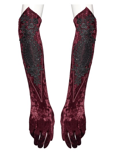 Punk Rave Red Gothic Retro Embroidered Velvet Gloves for Women