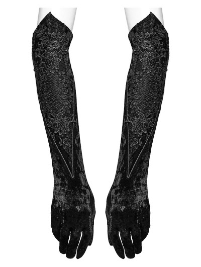 Punk Rave Black Gothic Retro Embroidered Velvet Gloves for Women