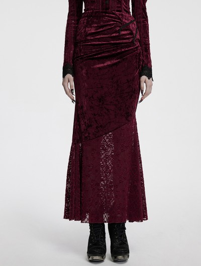 Punk Rave Red Gothic Elegant Velvet Lace Asymmetrical Fishtail Skirt