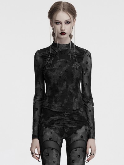 Punk Rave Grey Gothic Crescent Hollowed Print Mesh Long Sleeve T-Shirt for Women
